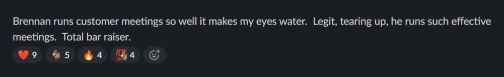 Slack message from a teammate: “Brennan runs customer meetings so well it makes my eyes water. Legit, tearing up, he runs such effective meetings. Total bar raiser.”