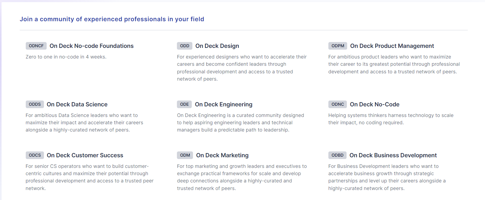On Deck’s list of communities: No-code Foundations, Design, Product Management, Data Science, Engineering, No-Code, Customer Success, Marketing, and Business Development, each with a short description.